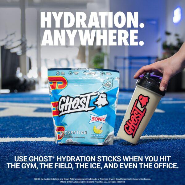 Etiqueta frontal de GHOST Hydration Packets Sonic Ocean Water