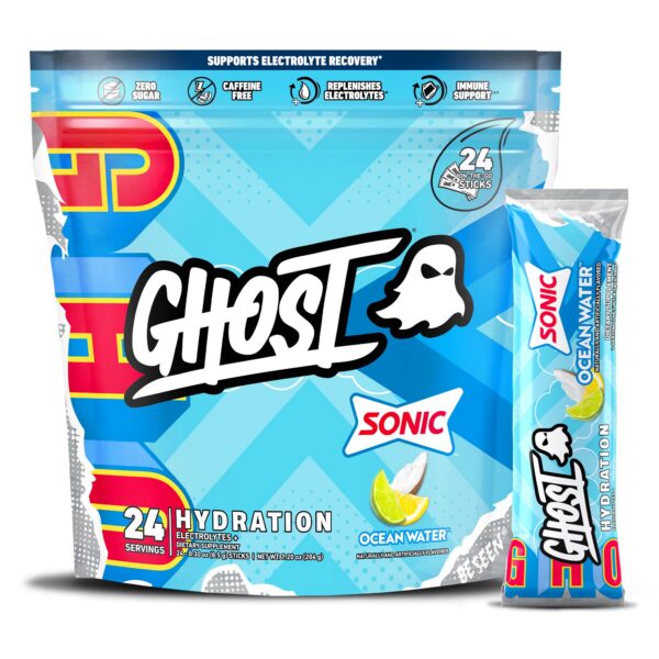 GHOST Hydration Packets frente de empaque Sonic Ocean Water