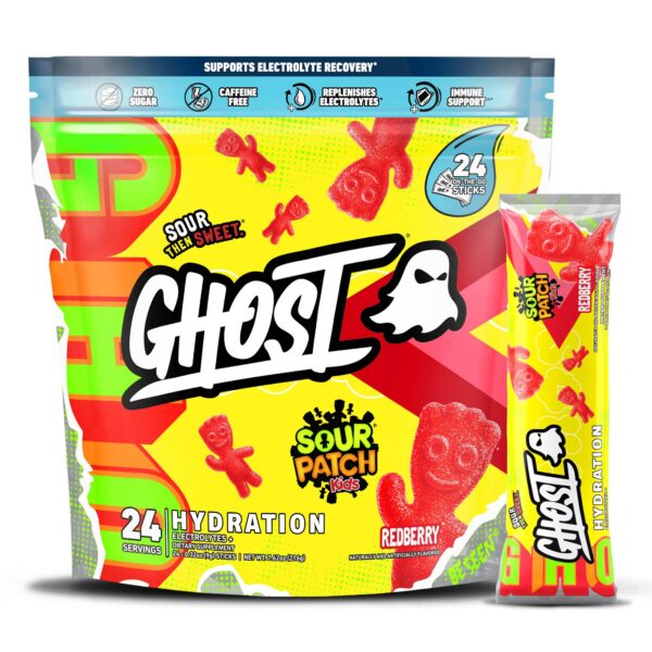 Frente del paquete de hidratación GHOST Sour Patch Kids Redberry