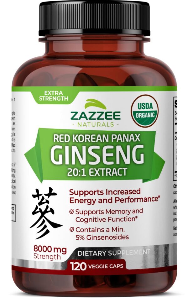 Ginseng Panax rojo coreano orgánico 8000 mg Zazzee vista frontal