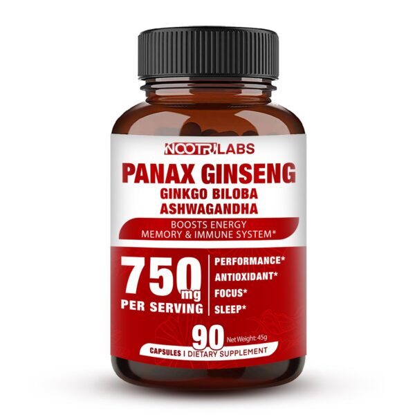 Version 1.0.0 Suplemento de ginseng rojo panax con ginkgo biloba y ashwagandha en botella