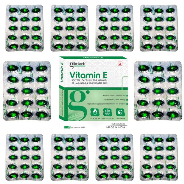 Frente del frasco GLIMLACH cápsulas vitamina E