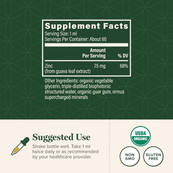 Version 1.0.0 Global Healing zinc líqido presentado con caja y botella