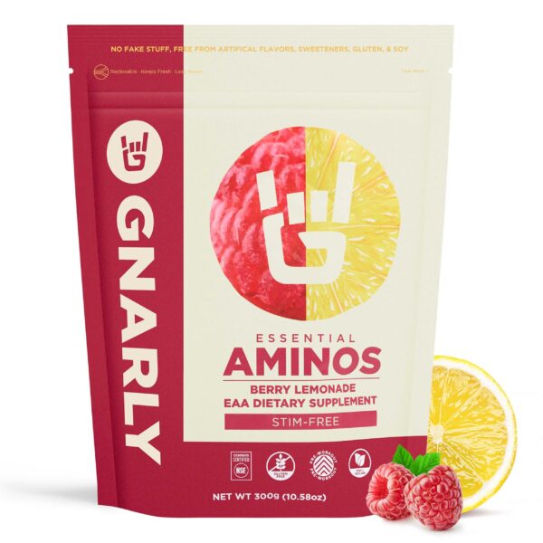 Gnarly Nutrition amino esenciales polvo Berry Lemonade etiqueta frontal