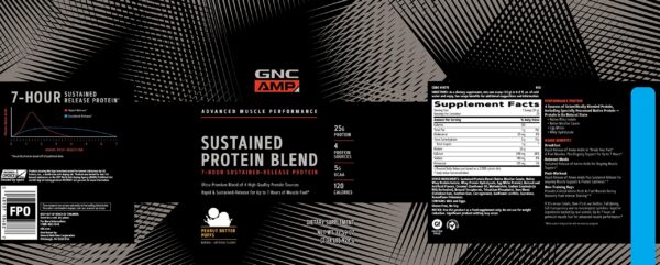 Detalle de porciones y etiqueta de GNC AMP