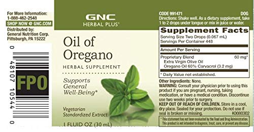 GNC Herbal Plus aceite de orégano caja exterior