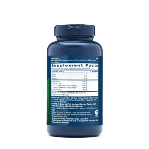 Frasco lateral de GNC Omega-3 mini cápsulas