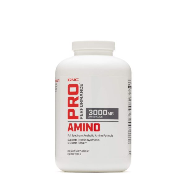 Frente del envase GNC Pro Performance Amino 3000 mg 240 cápsulas suaves