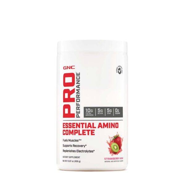 Frasco de GNC Pro Performance Amino Complete con sabor Strawberry Kiwi