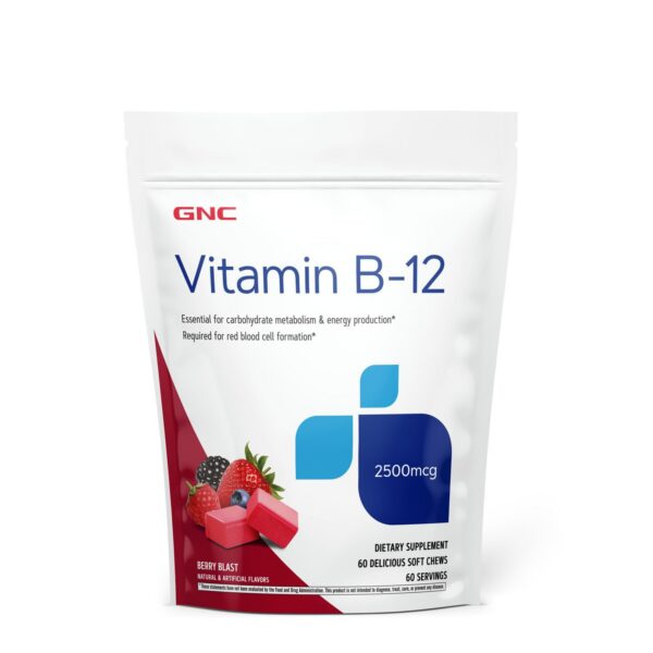 GNC suplemento vitamina B12 2500mcg masticables blancos frasco