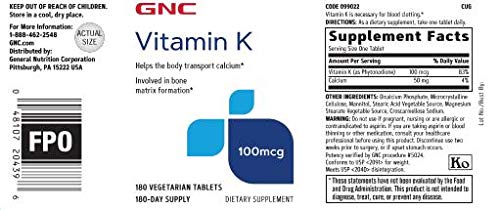 Etiqueta trasera de GNC Vitamina K 100 mcg