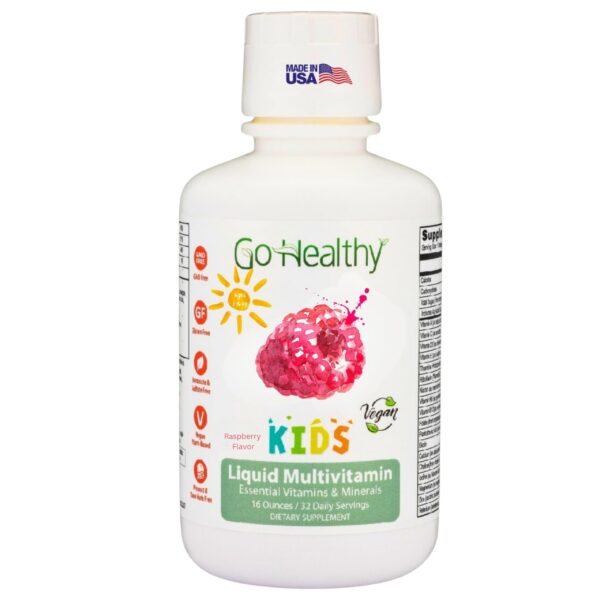 Botella de Go Healthy Kids multivitamínico líquido sabor frambuesa - frente