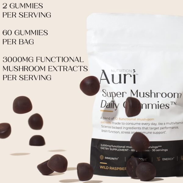 Gomita individual de suplemento Auri Super Mushroom sabor frambuesa
