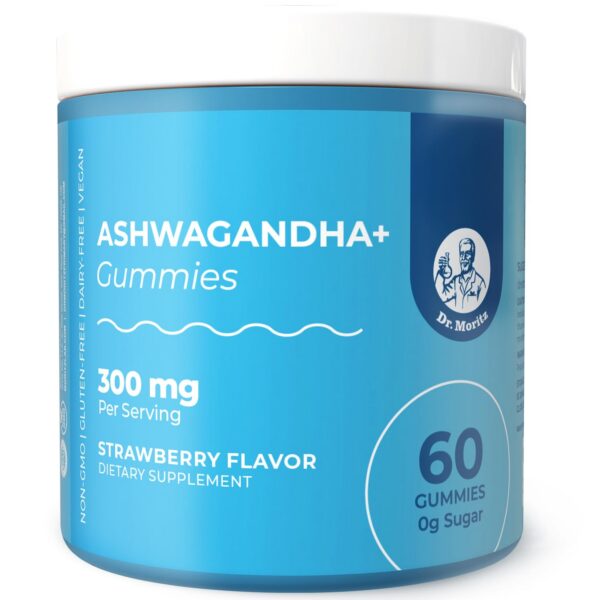 Gomitas Ashwagandha DR. MORITZ en frasco con etiqueta roja y blanca