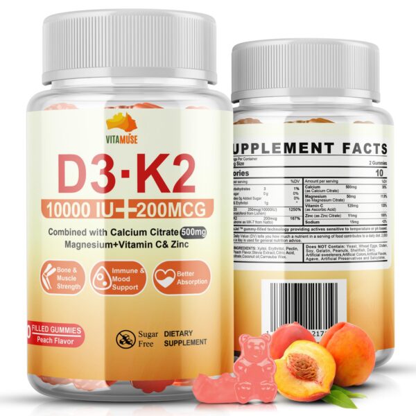 Frasco de gomitas D3+K2 con sabor durazno