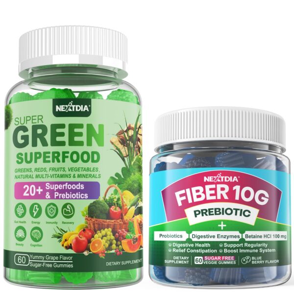 Version 1.0.0 Gomitas de fibra y súper verdes Nextdia en frasco