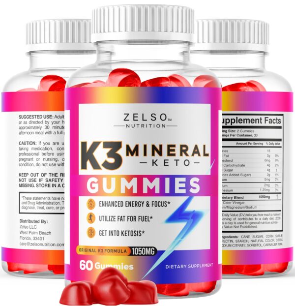 Gomitas K3 Mineral Keto ZELSO textura y detalles 180 gomitas