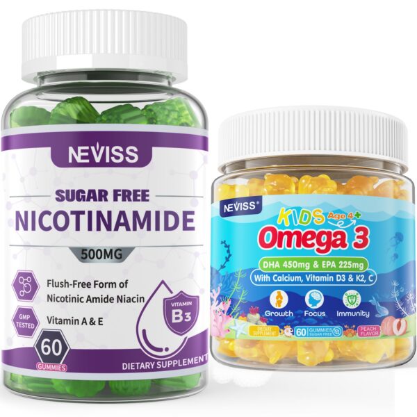 Envase de gomitas NEVISS nicotinamida y omega 3 para niños