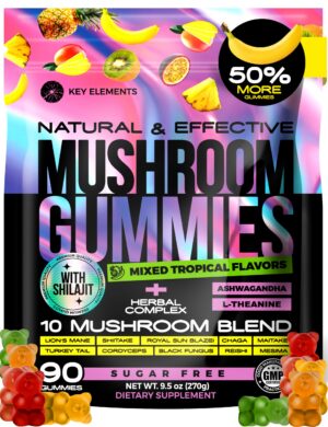 Frasco de Gomitas Nootrópicas de Hongos KEY ELEMENTS con Ashwagandha