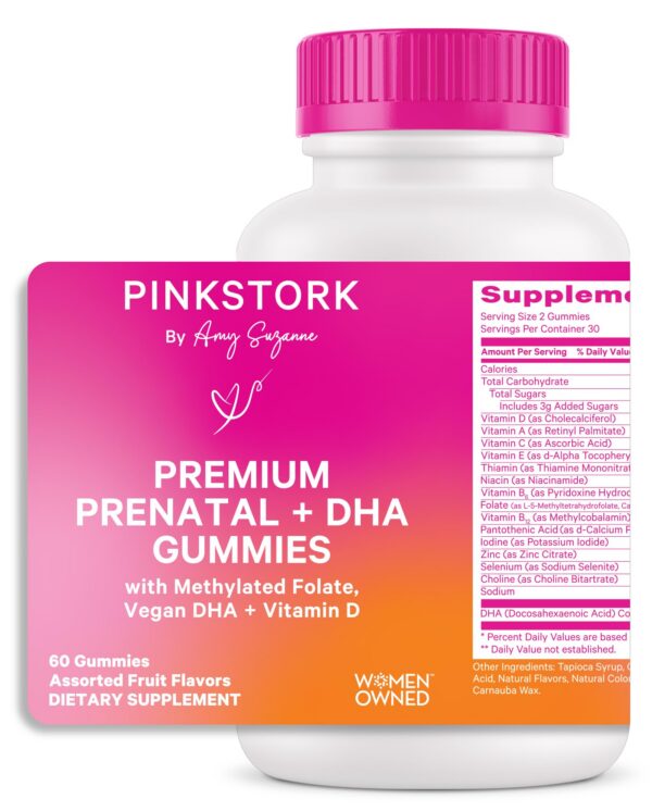Gomitas prenatales Pink Stork con nutrientes para embarazo