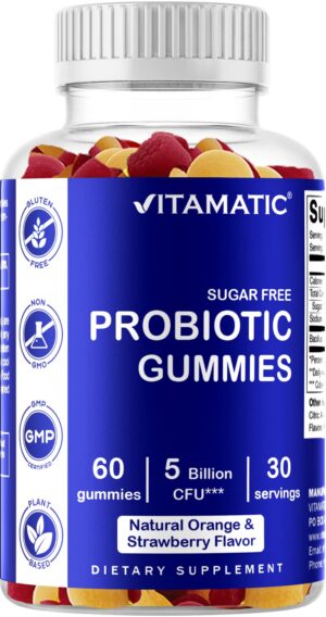 Gomitas probióticas Vitamatic sabor fresa y naranja paquete frontal