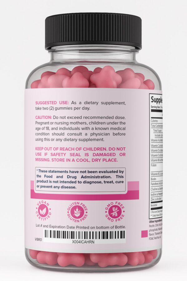 Detalle gomitas rosadas NutriLife para belleza cabello piel uñas