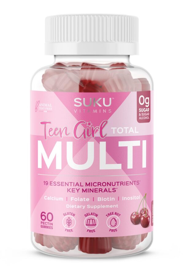 Frente caja gomitas vitaminas SUKU para chicas adolescentes sabor cereza