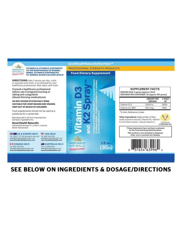 Spray de vitamina D3 y K2 etiqueta y envase