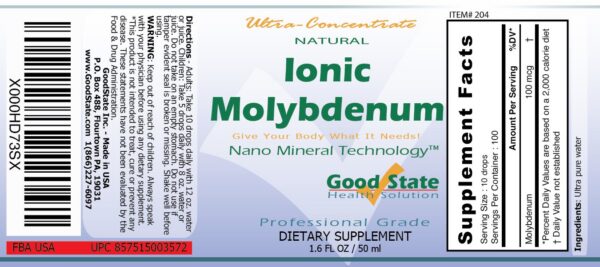 Etiqueta y gotero del frasco Good State Molibdeno