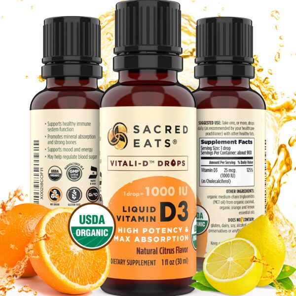 Frasco con gotero de vitamina D3 orgánica Sacred Eats