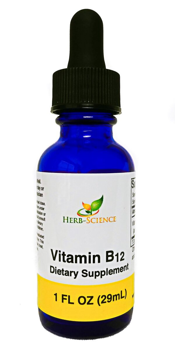 Gotas líquidas vitamina b12 Herb-Science frasco azul cobalto