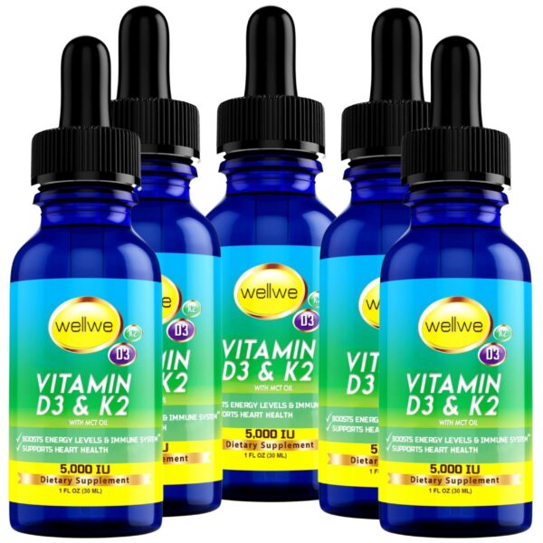 Version 1.0.0 Gotas líquidas vitamina D3 K2 wellwe botella frontal 5 pack