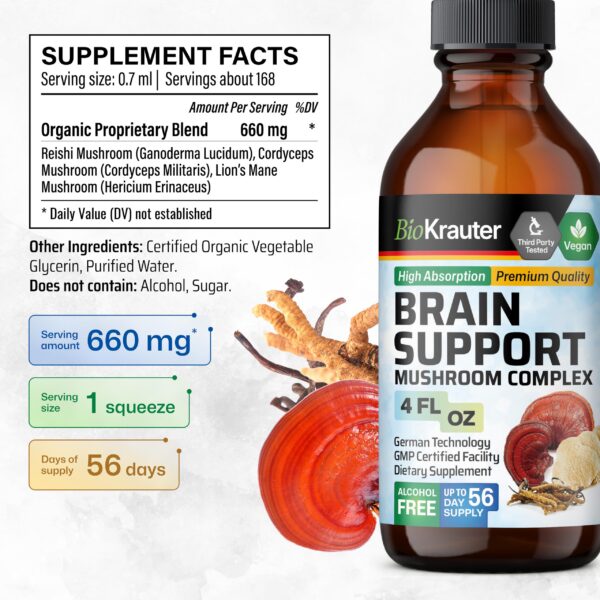 Gotas líquidas de tintura de hongos BIO KRAUTER para claridad mental