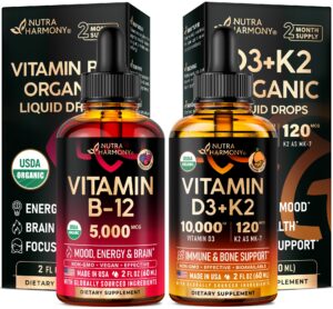 Version 1.0.0 Gotas de vitamina b12 y d3 k2 de Nutraharmony en botella orgánica