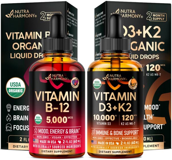 Gotas de vitamina b12 y d3 k2 de Nutraharmony en botella orgánica