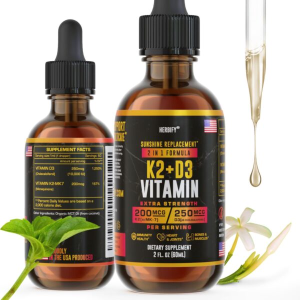 Gotitas líquidas Vitamina D3 K2 HERBIFY para huesos y corazón