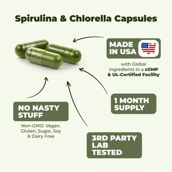 Granos de espirulina y chlorella en cápsulas