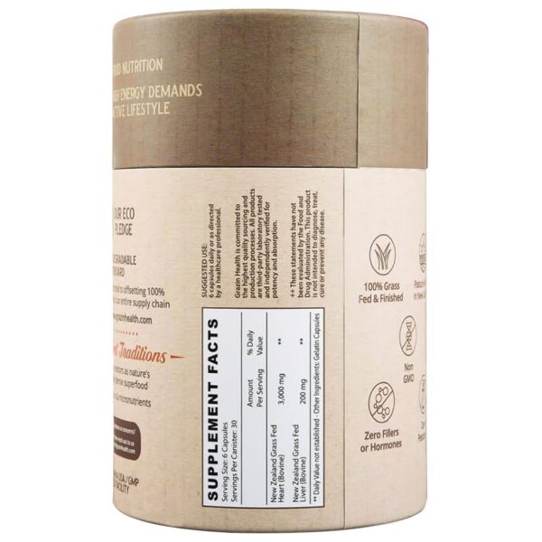 Frasco de cápsulas de corazón e hígado