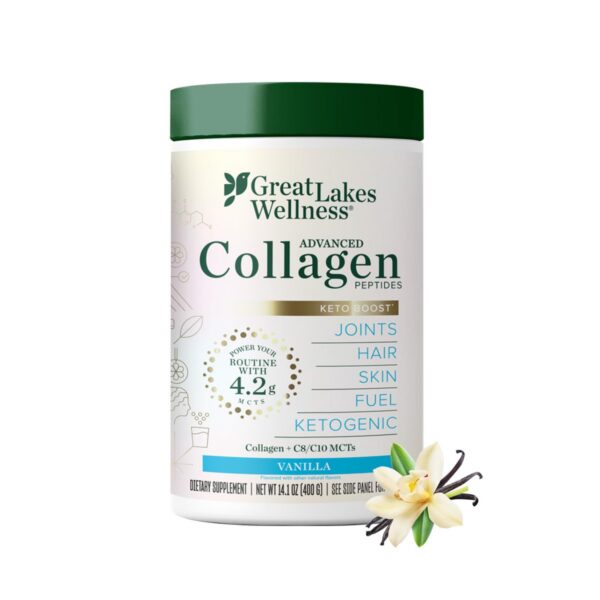 Frente del envase Great Lakes Wellness Keto Boost con vainilla