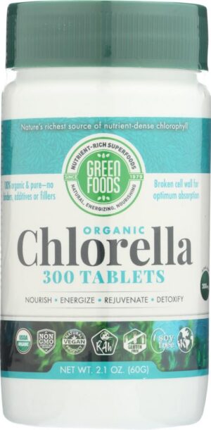 Green Foods Clorella orgánica 200 mg suplemento natural detox 300 tabletas
