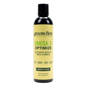 Botella Greens First Omega-3 Optimize con etiqueta