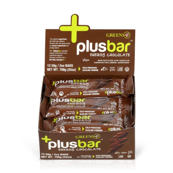 Greens+ Plusbar barra energética chocolate envase