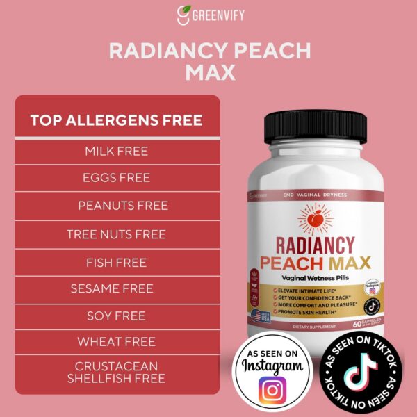 Version 1.0.0 Frasco del suplemento GREENVIFY Radiancy Peach Max para salud íntima femenina