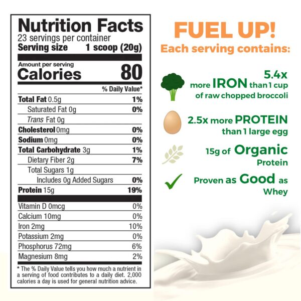 Proteína de arroz orgánica polvo en recipiente