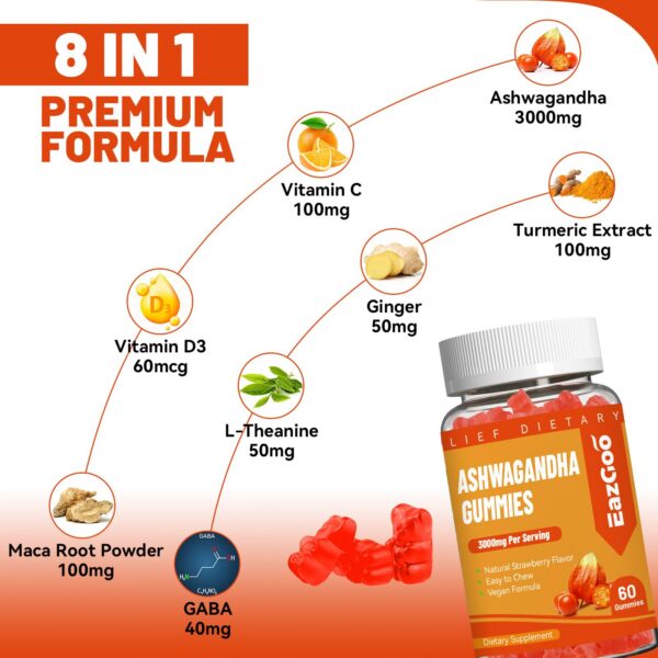Gummies con 3000mg Ashwagandha y vitaminas para apoyo integral de salud