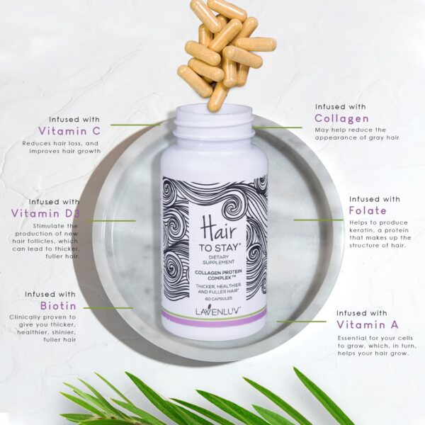 Etiqueta del producto Hair to Stay con información de 60 cápsulas