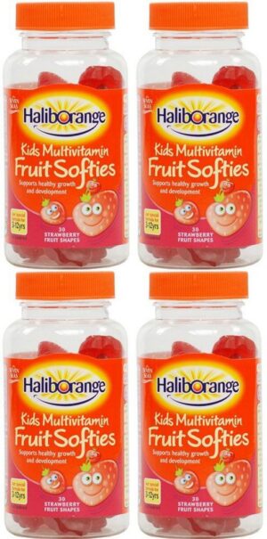 Paquete de cuatro Haliborange gomitas frutales sabor fresa 30 unidades