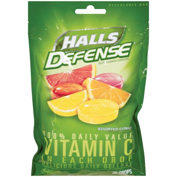 Halls Defense gotas suplemento Vitamina C sabor fruta