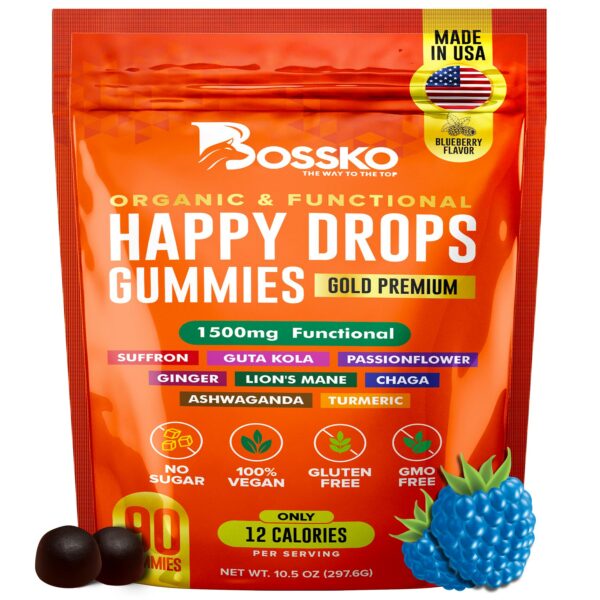 Happy Drops gomitas sabor arándano con hongos y ashwagandha