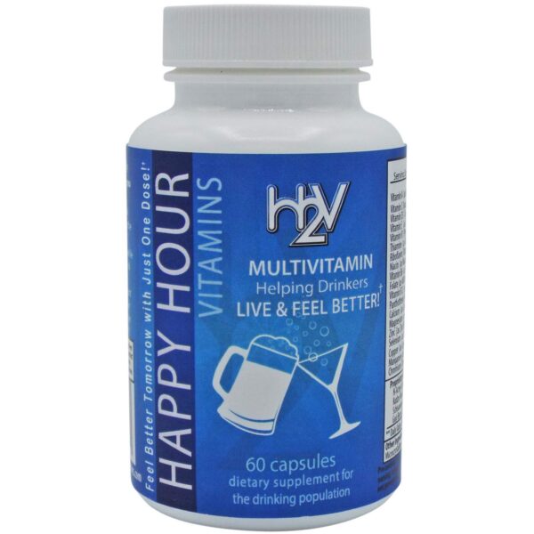 Botella Happy Hour Vitamins con etiqueta frontal